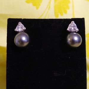 Pearlfection Black Pearl Drop Earrings with Sparkling Accents